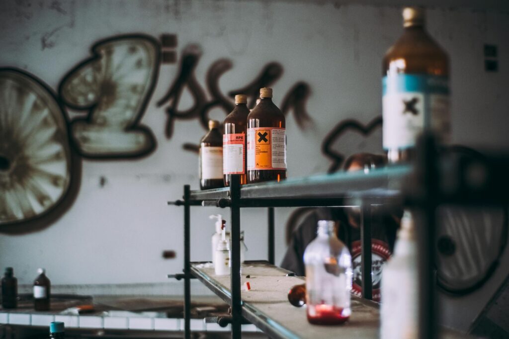 glass bottles on shelf